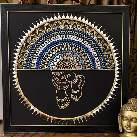 Amrita Singh on Instagram: "🌺Fusion of two art forms🌺 And those KRISHNA FEET. ✨And here it is, design of dot Mandala made with mud and mirror art. Do comment…" Krishna Feet Lippan Art, Mandala Art For Home Decor, Krishan Ji Lippan Art, Krishna Dot Mandala Art, Art Forms Ideas, Krishna Mirror Art, Mirror Mandala Art On Canvas, New Mandala Art Design, Mirror Rangoli Designs