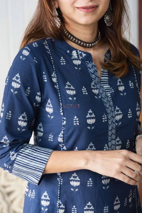 Indigo Salwar Designs, Indigo Salwar Suit, Indigo Churidar Design, Indigo Suit Design, Cotton Kurta Neck Pattern, Neck Design For Cotton Suits, Indigo Kurta Set, Indigo Block Print Kurti Designs, Printed Kurta Patterns Latest