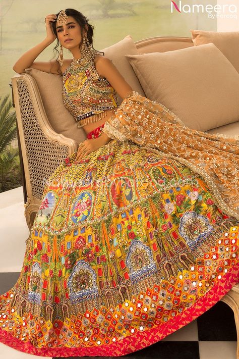 Buy Pakistani Traditional Lehenga Choli for Mehndi embellished with resham, booties, stones, pearls, crystals, motifs, tilla, zardozi, sequins, dabka work Indian Outfits Modern, Traditional Lehenga, Dabka Work, Pakistani Traditional, Ethereal Elegance, Latest Bridal Lehenga, Mehendi Outfits, Floral Frocks, Indian Outfits Lehenga