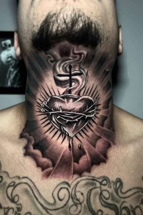 Geometric Tattoo Neck, Wing Neck Tattoo, Edge Tattoo, Full Neck Tattoos, Arm Tattoos For Guys Forearm, Sacred Tattoo, Best Neck Tattoos, Sacred Heart Tattoos, Christian Sleeve Tattoo