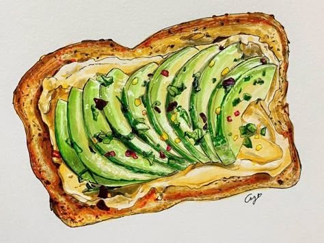 Mediterranean Toast, Avocado And Hummus, Hummus Toast, Drink Doodles, Watercolour Challenge, Cookbook Design, Food Drawings, Food Sketch, Shirt Prints