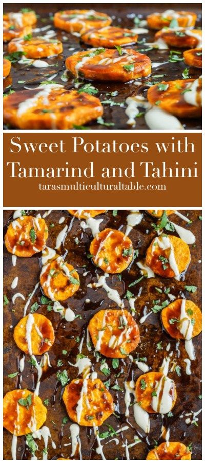 Sweet Potatoes with Tamarind and Tahini and The New Mediterranean Table - Tara's Multicultural Table #recipe #sweetpotato #sweetpotatoes #vegetable #roasted #tamarind #tahini #side Tamarind Sweet Potatoes, Tamarind Recipes, Mediterranean Table, New Mediterranean, Serbian Food, Eating Green, Carb Sides, Traditional Thanksgiving Recipes, Vegetarian Thanksgiving Recipes