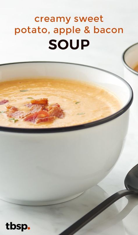 Sweet Potato Apple Bacon Soup, Small Batch Soup Recipes Healthy, Autumn Soups And Stews, Sweet Potato Bacon Soup, Autumn Soups, Potatoes Soup, Autumn Meals, Autumn Cooking, Sweet Potato Apple