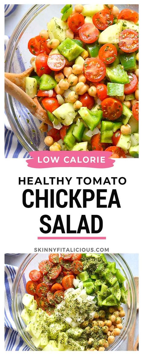 Low Calorie Sides, Low Calorie Vegetarian Recipes, Low Calorie Side Dishes, Low Fat Salads, Chickpea Tomato, Salad Meals, Tomatoes And Cucumbers, Tomato Cucumber Salad, Low Calorie Salad