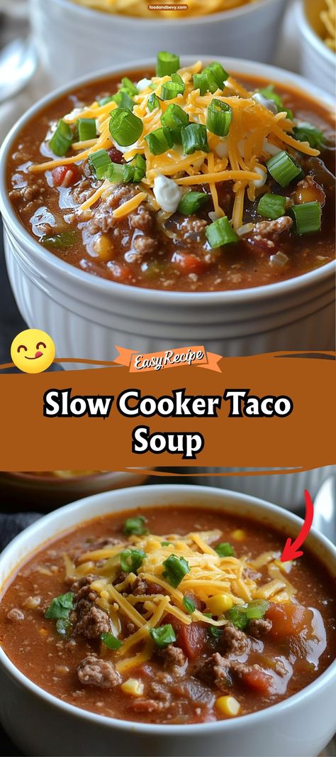 Spice up your dinner routine with Slow Cooker Taco Soup, a robust blend of ground beef, beans, corn, and tomatoes, seasoned with zesty taco spices. This effortless recipe is both filling and flavorful, making it a perfect crowd-pleaser for any occasion. Just set it in the slow cooker and enjoy! #TacoSoup #SlowCookerRecipes #EasyDinners Beef Tortilla Soup, Taco Soup Slow Cooker, Beef Tortilla, Taco Spices, Slow Cooker Taco Soup, Slow Cooker Taco, Ground Beef Beans, Soup Slow Cooker, Taco Soup Crock Pot