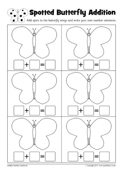 Butterfly Addition Worksheets (SB12245) - SparkleBox Insect Centers, Letter M Activities, Kindergarten Math Ideas, Number Sentences, Spring Worksheet, Butterflies Activities, Addition Kindergarten, Spring Kindergarten, Counting For Kids