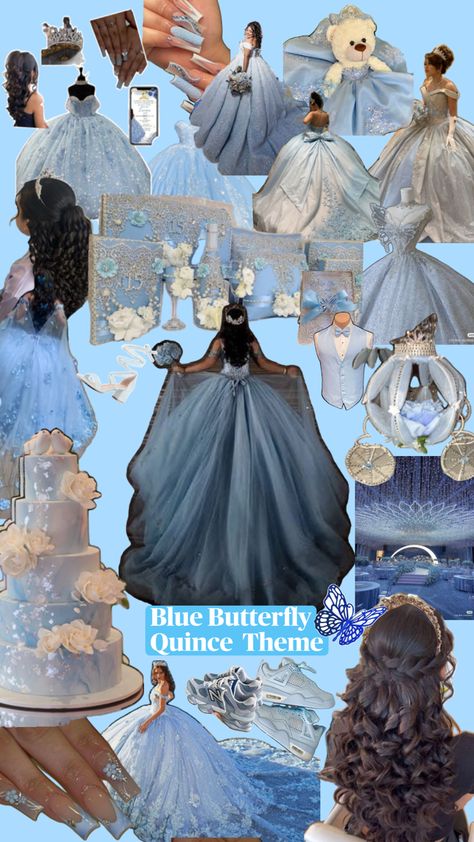 Blue Quinceanera Ideas, Butterfly Quince, Baby Blue Quinceanera, Cinderella Sweet 16, Mexican Quinceanera, Quinceanera Centerpieces, Mexican Quinceanera Dresses, Quinceanera Themes Dresses, Quince Dresses Mexican