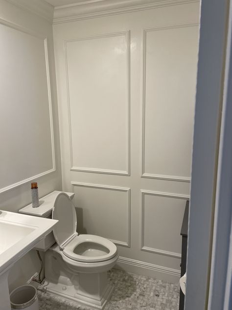 Paneling Wall Bathroom, Wall Molding Half Bath, Box Trim In Bathroom, Powder Room Wall Paneling, Wall Trim Ideas Moldings Bathroom, Picture Molding In Bathroom, Small Bathroom Trim Ideas, Small Bathroom Wainscoting Ideas Modern, Wall Molding Bathroom Half Baths