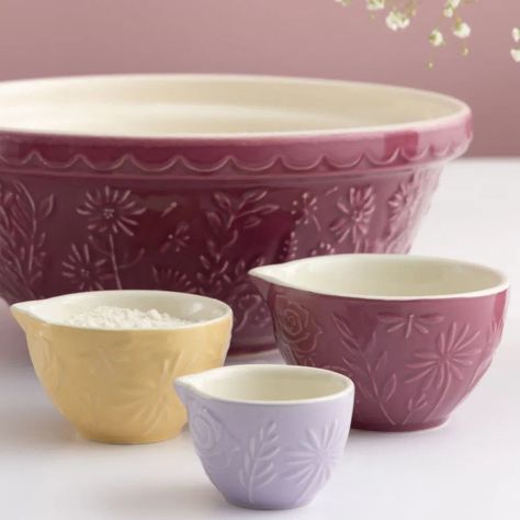 3 sizes and colors of measuring cups set on a counter with a mixing bowl. Purple Cups, Mason Cash, Measuring Cups Set, Batter Bowl, Perfect Cookie, The Meadows, Mixing Bowls, Measuring Spoons, Beautiful Life