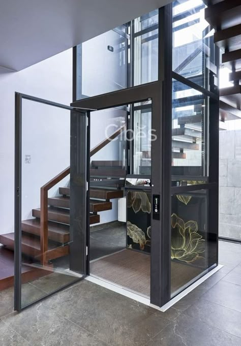 3 Turn Staircase, Hotel Staircase Lobby, Elevator Stairs, House Tropical Modern, Enclosed Staircase, Staircase Architecture, Stairs Outdoor, Home Elevator, Elevator Design