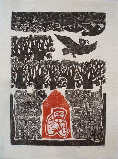 LEONILDA GONZÁLES | Uruguayan | Minuano, Uruguay 1923 - Montevideo, Uruguay 2017. #uruguayanart #uruguayanartist EL HOMBRE SITIADO POR LOS TIGRES 1967 Shiko Munakata, Antonio Frasconi, Woodcut Printmaking, Animal Design Illustration, Edward Bawden, Linocut Art, Tinta China, Wood Engraving, Arte Popular