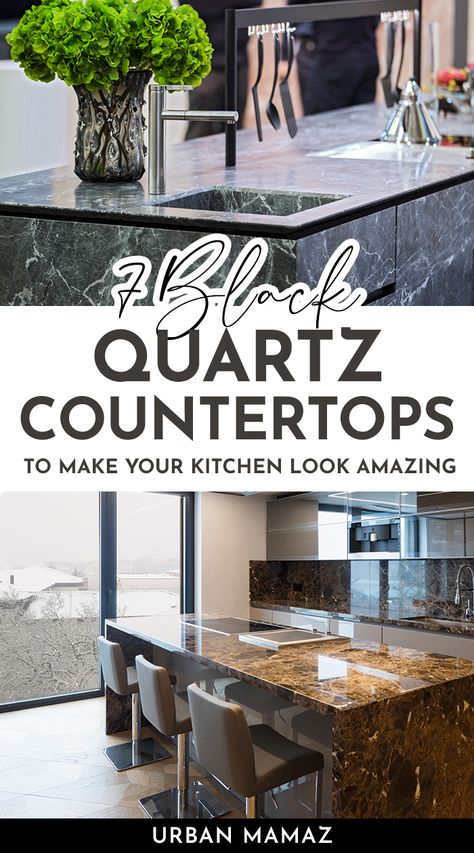 Black Quartz Countertops Black Quartz Island Countertop, Black And Gold Quartz Countertop, Dark Quartz Kitchen Countertops, Black Quartz Kitchen Countertops, 2 Tone Kitchen Cabinets, Black Quartz Countertop, Black Sink Kitchen, Black Quartz Countertops, Quartz Bathroom