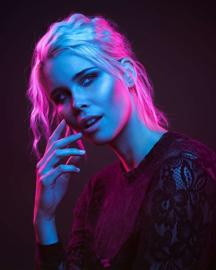 "Fynn" by David T #fstoppers #Portrait #neon #teal #pink #blue #studio #blonde #emotion #lace Shooting Pose, Colour Gel Photography, Colorful Portrait Photography, Neon Photoshoot, Neon Photography, Studio Portrait Photography, Elite Fashion, Portrait Lighting, Photographie Portrait Inspiration