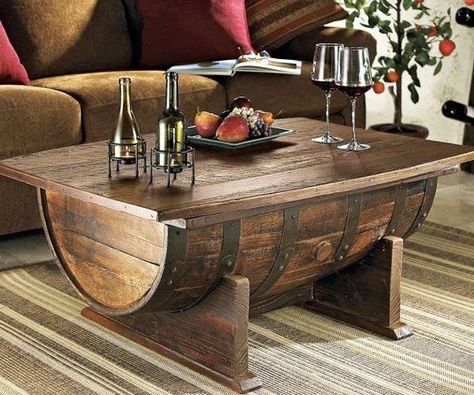 Barrel Table Ideas, Whiskey Barrel Coffee Table, Wine Barrel Coffee Table, Whiskey Barrel Ideas, Whiskey Barrel Table, Barrel Coffee Table, Whiskey Barrel Furniture, Whiskey Room, Barrel Projects