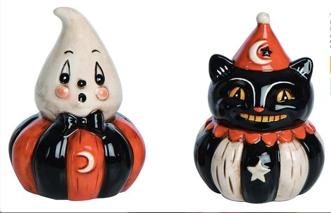 Material Ceramic Brand Transpac Number of Pieces 2 Shape Cat,Pumpkin Closure Material ceramic,dolomite Vintage Halloween Art, Folk Art Decor, Clown Halloween, Halloween Folk Art, Halloween Figures, Halloween 6, Chat Halloween, Johanna Parker, Halloween Clown