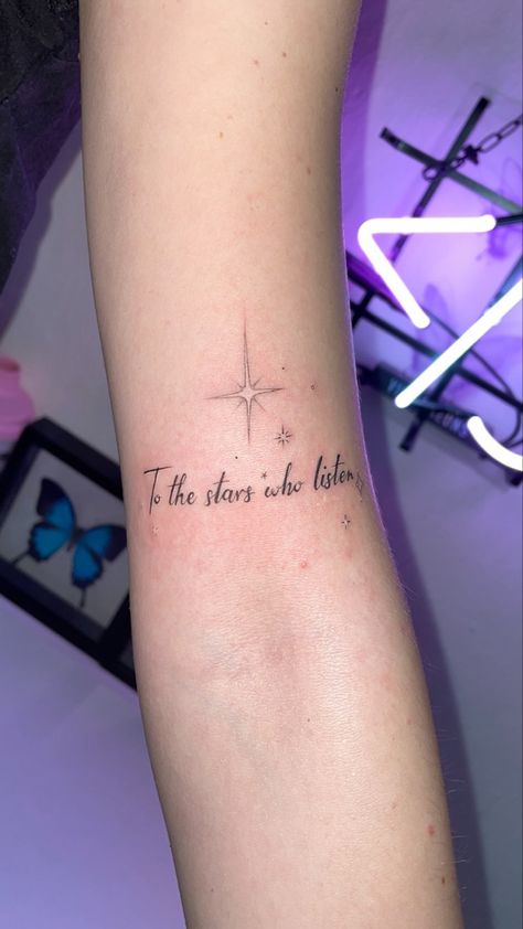 Love And Other Words Tattoo, Word Tattoos With Design Around It, Addicted To You Tattoo, Tattoos Books Inspired, Starborn Tattoo Crescent City, Acotar Simple Tattoo, Star Inspired Tattoo, Regulus Star Tattoo, Acotar Best Friend Tattoos