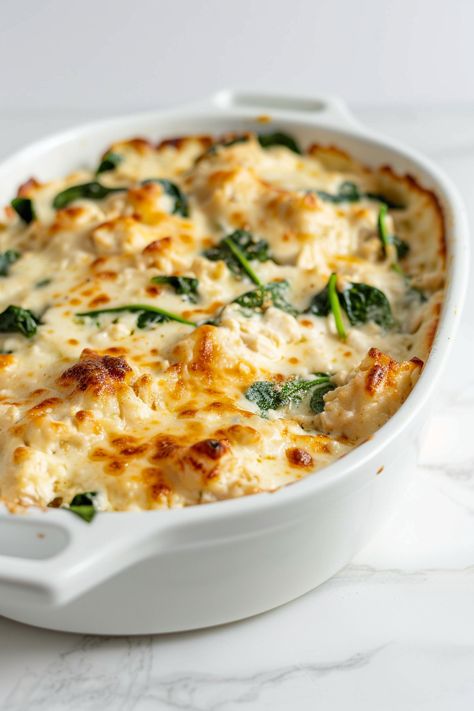 Keto Ground Chicken and Spinach Alfredo Casserole - I Eat Keto Keto Ground Chicken Casserole Recipes, Ground Turkey Keto Casserole, Ground Chicken Mozzarella Recipes, Keto Recipes Using Ground Chicken, Keto Recipes Ground Chicken, Shredded Chicken Spinach Recipes, Ground Chicken Bake, Ground Chicken Spinach Recipes, Ground Chicken Casserole Recipes Healthy