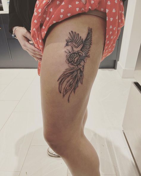 Phoenix thigh tattoo Phoenix Tattoo Thigh, Phoenix Thigh Tattoo, Outer Thigh Tattoo, Outer Thigh, Tattoo Thigh, Phoenix Tattoo, Thigh Tattoo, Arm Workout, Phoenix