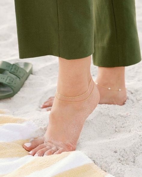 It’s giving beach vibes. 🤍🫶🏼✨ Shop our new and improved anklets, now available on katiedeanjewelry.com and soon to be available on madewell.com—trust us, these will be the BFF to your golden summer tan. Spring Vacation Outfits, Anklet Gold, Summer Anklets, Golden Beads, Nautilus Shell, Jenny Bird, Summer Tanning, Rice Bead, Figaro Chains