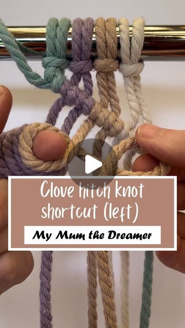 Michelle | Macrame Trainer & Creator on Instagram: "A shortcut for tying clove hitch knots in long cords

This method is especially handy when you’re working with long cords as it eliminates the need to pull the entire length of each cord through the knot 🙌

In this case I’m tying diagonal clove hitch knots starting from the left side

1. Move the filler cord (outer cord on the left) out of the way. This won’t be needed until later.
2. Take the first working cord (second cord in from the left) and make a loop behind itself, then make another loop further down in front of itself.
3. Bring these 2 loops together (like you’re closing a book) and slide them over your pointer finger on your left hand.
4. Continue making 2 loops in each working cord across to the right, folding them together, t Clove Hitch Knot, Hitch Knot, Macrame Knot, Left Out, The Knot, Left Hand, Instagram A, Macrame, Knot