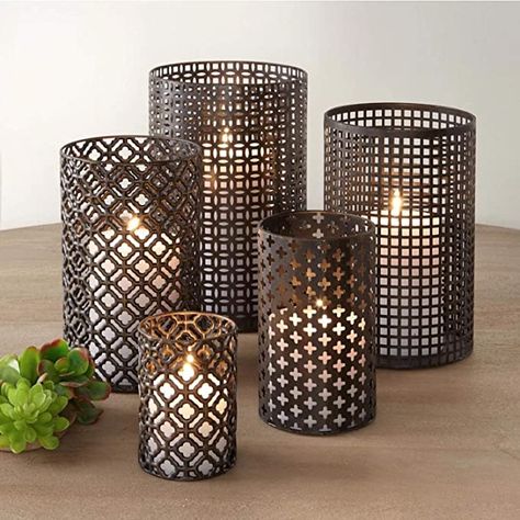 Candle Holder for Home Décor, Candle Stand for Pillar Candle, Rustic Farmhouse Home Decor Accents for Dining Room, Living Room, Bathroom, and Bedroom, Metal Candlesticks Set of 5 Elegant Candle Holders, Candle Luminaries, Easy Halloween Crafts, Home Decor Sets, Perforated Metal, Votive Holder, Metal Candle Holders, Metal Sheet, Pillar Candle Holders