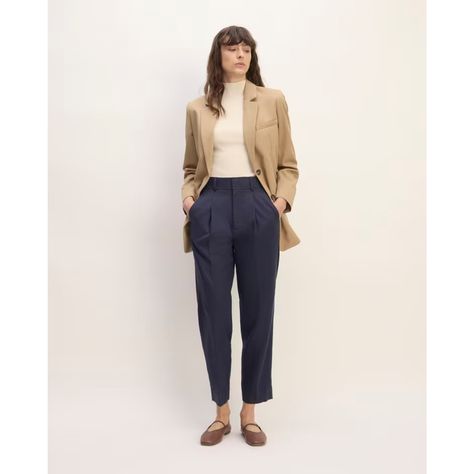 Everlane The Draper Tapered Pant In Buttersmooth Navy Blue New Without Tags Size 6 Short $108 A Tailored Look. Our Way-High Family Is Growing. Featuring A Tapered Leg, Ankle Length, The Way-High Taper Pant Has A Non-Stretch Waistband (We Suggest Sizing Up If You Prefer More Ease Here), An Extra-High Rise, Two Side Pockets, And A Flattering Pleat Detail. Complete The Look With The Oversized Blazer. Talk About A Tailored Look High-Rise With A Tapered Leg. 60% Tencel Lyocell, 40% Cotton Q-4468 High Taper, Business Casual Outfits For Work, Tapered Trousers, Trouser Pants Women, Tapered Pants, Oversized Blazer, Professional Outfits, Business Casual Outfits, Tailored Trousers