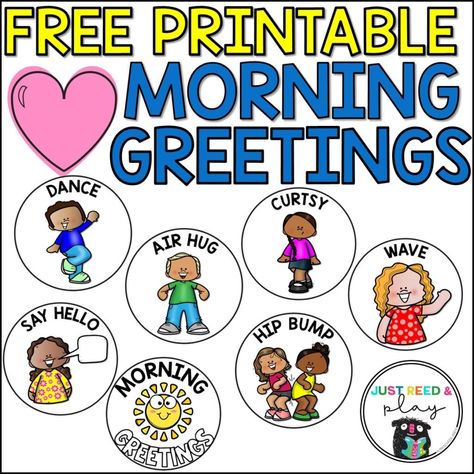 These free printable morning greeting choices are perfect for social distancing greetings with minimal or no contact!  Use these in your classroom to cut down on the spread of germs. Peanuts Classroom, English Kindergarten, Closing Circle, Morning Meeting Greetings, Helper Jobs, Greeting Ideas, Greeting Sign, Conscious Discipline, Greeting Poster