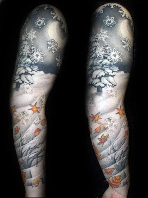 100 Snowflake Tattoo Designs For Men - Ice Crystal Ink Ideas Winter Scene Tattoo, Fall Winter Tattoo, Winter Tattoo Sleeve, Winter Sleeve Tattoo, Snowflake Tattoo Sleeve, Christmas Sleeve Tattoo, Christmas Tattoo Sleeve, Winter Tattoo Ideas, Winter Tattoos