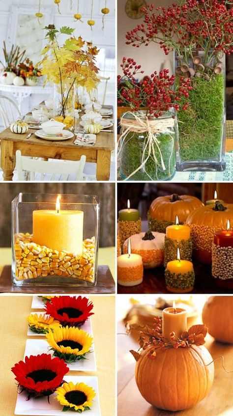 20 Easy Fall Centerpiece Ideas for Table Decor - Celebrations at Home Catering Centerpieces, Simple Fall Centerpieces For Table, Simple Fall Tablescapes, Autumn Centerpiece Ideas, Glass Vases Decor Ideas, Decorate Thanksgiving, Centre Piece Ideas, Fall Centerpieces For Table Diy, Autumn Centerpieces