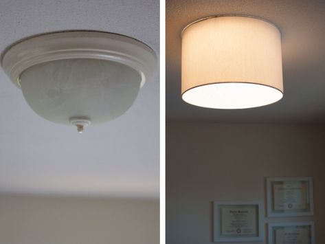 These ceiling light covers are totally DIYable and super smart. Six clever ways to hide ugly lights the DIY way.    #["fabric", "mid-century modern", "eclectic", "transitional", "vintage", "colorful", "Creative Reuse", "Recycling & Upcycling", "crafting", "Dining room", "Entryway & Hall", "Kid's Room", "Office & Workspace", "bathroom", "bedroom", "living room", "Lamps & Lighting", "Roundup", "Roundup"] Cover Ugly Light Fixture, Lighting Makeover, Light Fixture Covers, Ceiling Light Covers, Hiding Ugly, Diy Lampe, Bedroom Light Fixtures, Diy Ceiling, Vanity Light Fixtures