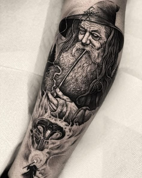 A Wizard Is Never Late, Gandalf Tattoo, Lotr Gandalf, Wizard Tattoo, Black And Grey Sleeve, Lotr Tattoo, Lord Of The Rings Tattoo, Nerd Tattoo, Witch Tattoo