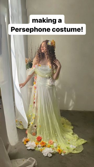 ♡ Shay Rose ♡ on Instagram: "#ad making a Persephone costume, using @ritdye!! the whole goal for this look was to create a etherial look for the greek goddess of spring, and I’m really really happy with the results!! @ritdye wanted me to show just one of the ways you can use dye to create your own halloween costume, and tbh thrifting and modifying pre-made pieces is one of my FAVORITE shortcuts to make custom costumes and dresses!! It’s hard to find the *exact* thing you are looking for at the Demeter Costume Diy, Greek Goddess Persephone Costume, Persephone Dress Goddesses, Persephone Goddess Costume, Greek Mythology Costumes Diy, Diy Persephone Costume, Demeter Goddess Costume, Persephone Costume Ideas, Parthenon Photoshoot