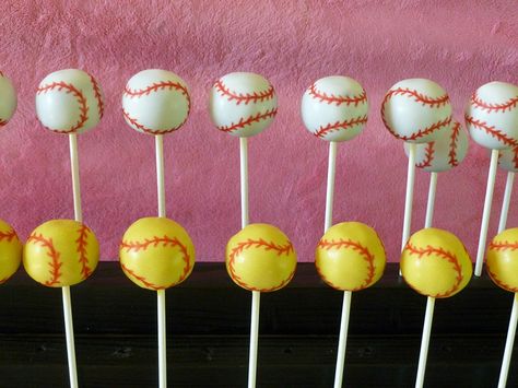 Softball Cake Pops, Softball Gender Reveal, Softball Treats, Softball Cake, Baseball Cake Pops, Softball Birthday Parties, Beach Ball Cake, Gender Reveal Food, Baseball Gender Reveal