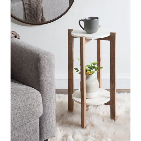 Millwood Pines Rawls Marble Top End Table with Storage | Wayfair Round Wood Accent Table, Small Accent Table, Marble End Table, Marble Top End Tables, Marble Shelf, Marble End Tables, Round Accent Table, Wood Accent Table, Plant Table