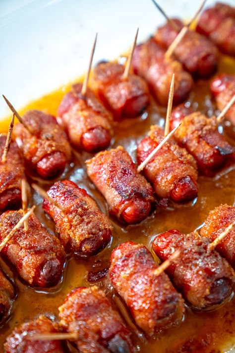 Bacon Wrapped Lil Smokies Brown Sugar, Bacon Smokies Brown Sugar, Brown Sugar Smokies Bacon, Smokies Wrapped In Bacon Brown Sugar, Brown Sugar Little Smokies, Brown Sugar Smokies, Bacon Little Smokies, Bacon Wrapped Lil Smokies, Christmas Eve Appetizers