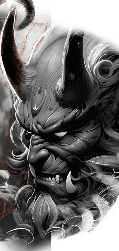 Geisha Hannya Tattoo, Japanese Tattoo Art Back, Oni Mask Sketch, Samurai Mask Drawing, Traditional Japanese Samurai Tattoo, Oni Tattoo Design, Demon Tattoo Designs, Oni Mask Tattoo Design, Japanese Temple Tattoo