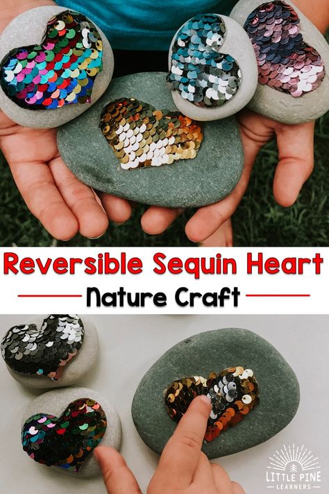 Reversible Sequin Heart Nature Craft • Little Pine Learners Crafts With Sequins, Sequin Crafts Ideas Diy Projects, Sequin Crafts Diy, Sequins Craft, Sequins Crafts, Heart Nature, Flower Sequins, Sequin Art, Sequins Diy