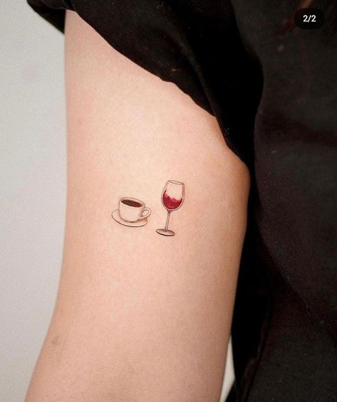 Coffee And Wine Tattoo, Wine Tattoo, Tattoo Cafe, Cup Tattoo, Bookish Tattoos, Small Girly Tattoos, Sticker Tattoo, Self Love Tattoo, Tattoo Trend