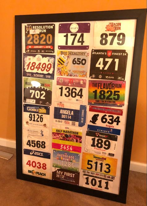 Racing Bibs Display Ideas, Running Numbers Display, Running Bib Display, Race Bib Display, Bib Display, Running Bibs, Medal Displays, Inspirational Running Quotes, Race Bibs