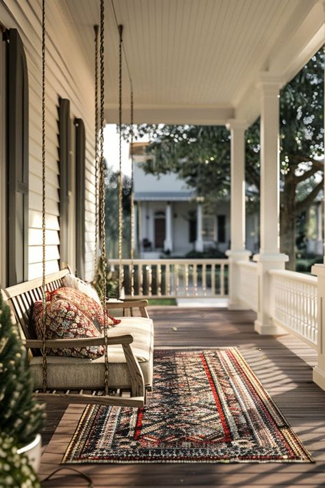 21 Long Front Porch Decor Ideas - Remodr Hanging Porch Swings, Cottage Front Porch Ideas, Long Front Porch Ideas, Craftsman Style Front Porch, Porch Swing Ideas, Long Front Porch, Victorian Front Porch, Hanging Swings, Boho Cabin