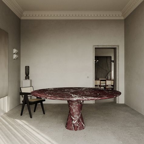 Table_02_Forest_Giaconia-Kolkhoze_04 Marble Outdoor Dining Table, Soapstone Dining Table, Rosso Levanto Marble, Marble Tables, Marble Dining Table, Loft Apartment Designs, Flat Furniture, Marble Furniture, Hotel Room Design