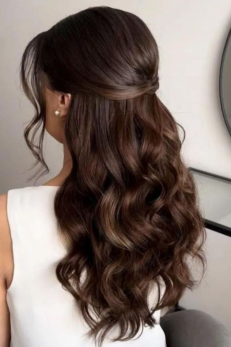 Elegant Half-Up Wavy Hairstyle For Long Hair Half Up Half Down Curly Bridal Hair, Bridal Hair Down Brown, Wedding Hair For Off Shoulder Dress, Soft Curls Half Up Half Down, Medium Length Hair Styles Formal, Graduation Hairstyles With Cap Curls, Half Up Curled Hairstyles, Half Up Half Down Front View, Half Up Half Down Hair Side Part