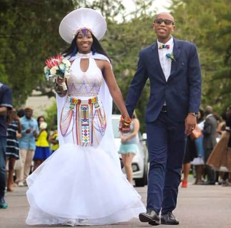 Bride In Modern Zulu Traditional Wedding Dress With Cape, Isicholo Hat & Beads | Clipkulture | Clipkulture Modern Zulu Traditional Wedding Dresses, Zulu Traditional Wedding Dresses, Zulu Bride, Zulu Traditional Wedding, Zulu Traditional Attire, Zulu Wedding, South African Traditional Dresses, Ethiopian Wedding, African Traditional Wedding Dress