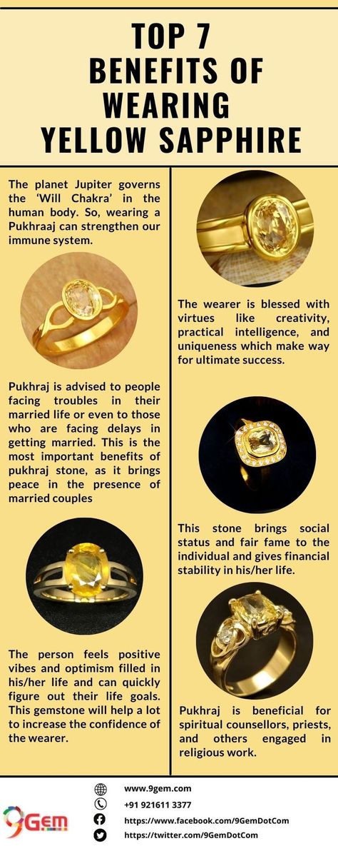 The wearer of yellow sapphire gets the knowledge of the l happiness, physical power, cleverness, long life, good health, glory and mental peace. Lets have look in this infographic you will get to know top 7 benefits of wearing yellowsapphire gemstone. https://wa.me/919216116688 Sapphire Meaning, Devotional Topics, Mental Peace, Zodiac Signs Pisces, Magick Book, Ancient Myths, Crystal Meanings, Yellow Stone, Sapphire Stone