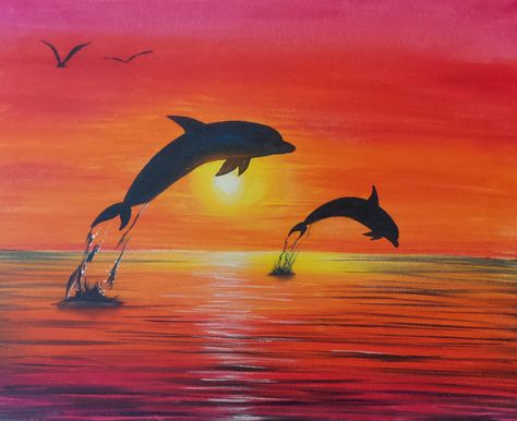 Dolphin Sunset Painting, Painting Dolphins, Art Ideas For Kids, Dolphin Drawing, Easy Scenery Drawing, Kinkade Paintings, Kids Canvas Painting, Dolphin Painting, Dolphin Art