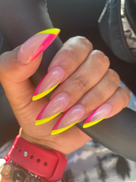 #summernails #stilletonails #80svibes #newnew Pink And Yellow Almond Nails, Ibiza Nails Summer, Miami Nails Ideas, Pink And Yellow Nails, Tropical Summer Nails, Almond Nails Designs Summer, Acrylic Nail Designs Classy, Summer Nails Designs, Sassy Nails