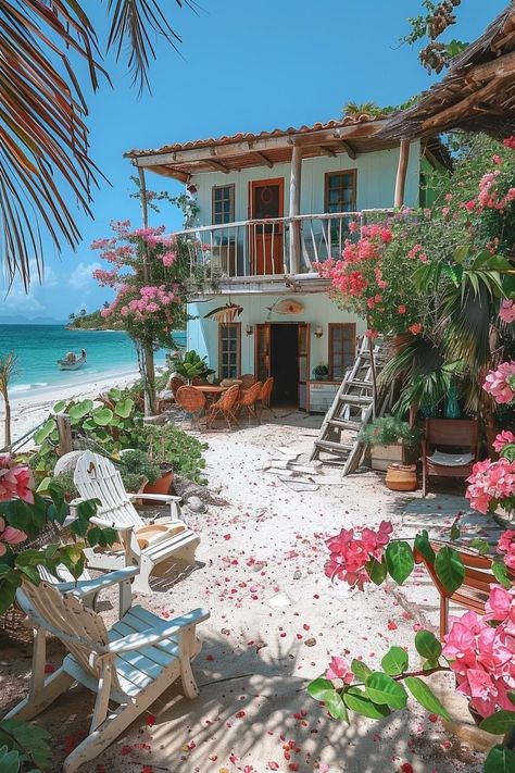 Tropical Island House Exterior, Dream House On The Beach, Cozy Houses Cottages, Hawaii House Aesthetic, Vacation Home Exterior, Houses In Hawaii, Hawaii Houses, House With Flowers, Hawaii Beach House