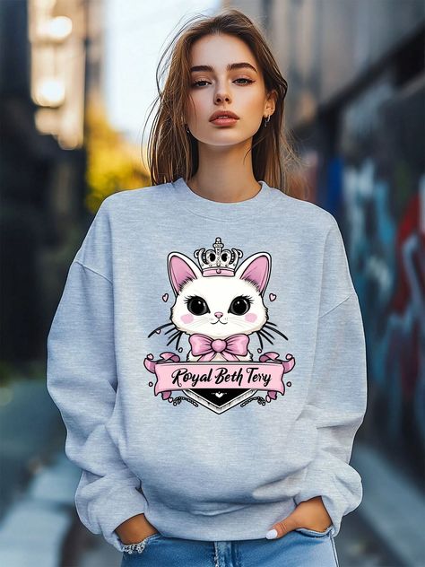 Women's  Cat Princess Cartoon Kawaii Valentine's Day Print Sweatshirt Pullover Fall Loose Fashion Long Sleeve Crew Neck Sweatshirt Casual Comfy Clothes Grey Casual  Long Sleeve Polyester Cartoon,Geometric,Letter,Slogan Pullovers Slight Stretch  Women Clothing, size features are:Bust: ,Length: ,Sleeve Length: