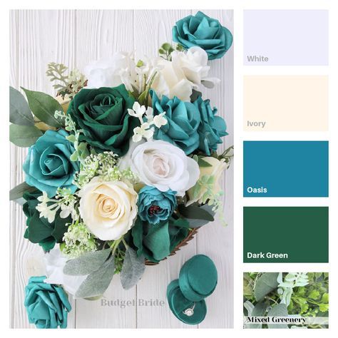 Vintage-inspired wedding color schemes with dusty rose and sage green. Teal Flowers Wedding, Teal Green Wedding Theme, Teal And Blue Color Palette, Green Blue Wedding Color Pallets, June Wedding Colors Schemes 2024, Seaglass Wedding Colors, Unique Wedding Color Schemes Spring, June Wedding Colors Schemes, 2 Bridesmaids