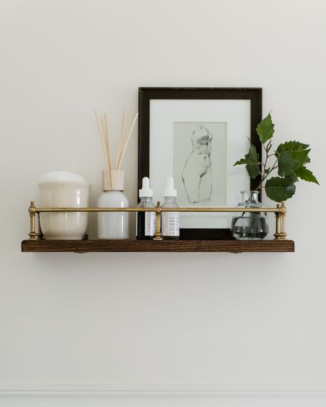 DIY Bathroom Shelf With Brass Gallery Rail | Laine and Layne Bathroom Decor Shelf Over Toilet, Shelf Organizer Ideas, Diy Bathroom Shelf, Brass Gallery Rail, Shelves Above Toilet, Gallery Rail, Shelves Over Toilet, Bathroom Shelf Decor, Grey House